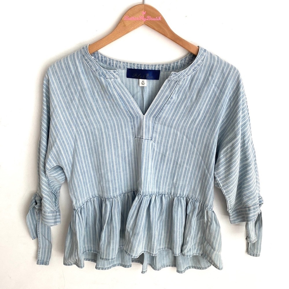 Blue Rain v neck Tied Sleeves cold shoulder pinstripe peplum Blouse, Size XS‎